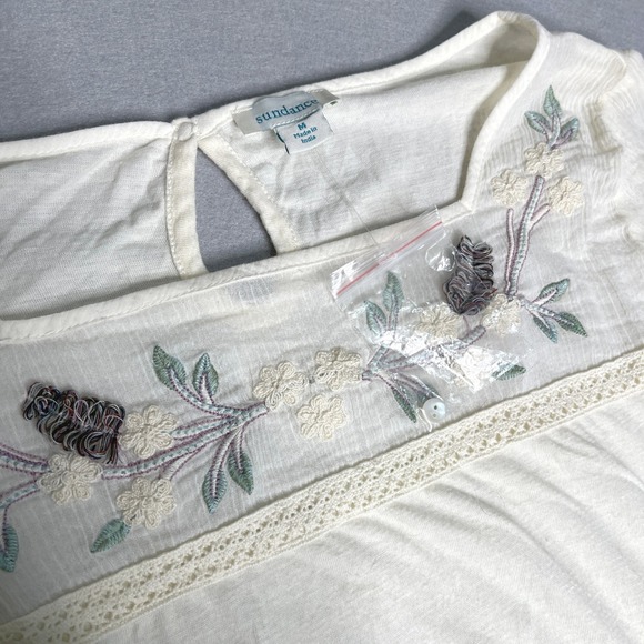 Sundance Cream Floral Embroidered Boho Peasant Blouse Lace Trim Cotton Linen - Picture 5 of 7